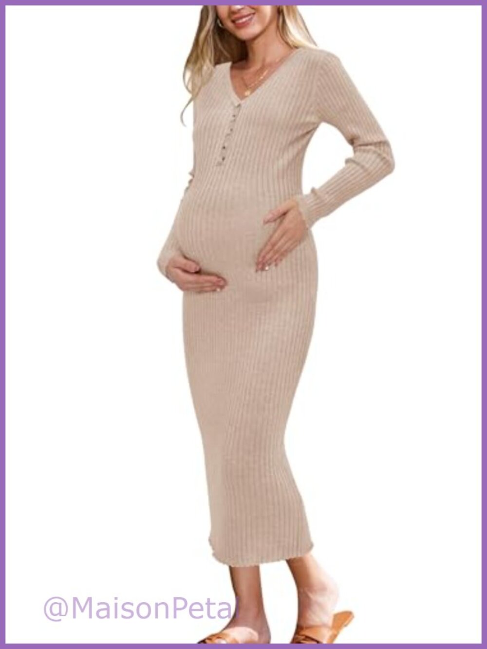 Wool Blend Maternity Sweater Dress Button Front V Neck Midi Baby Shower